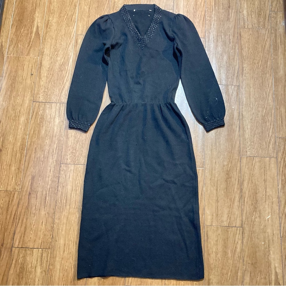 Vintage 70s Long Sleeve Knit Dress with Embellishment Disco Hippy Sz Medium